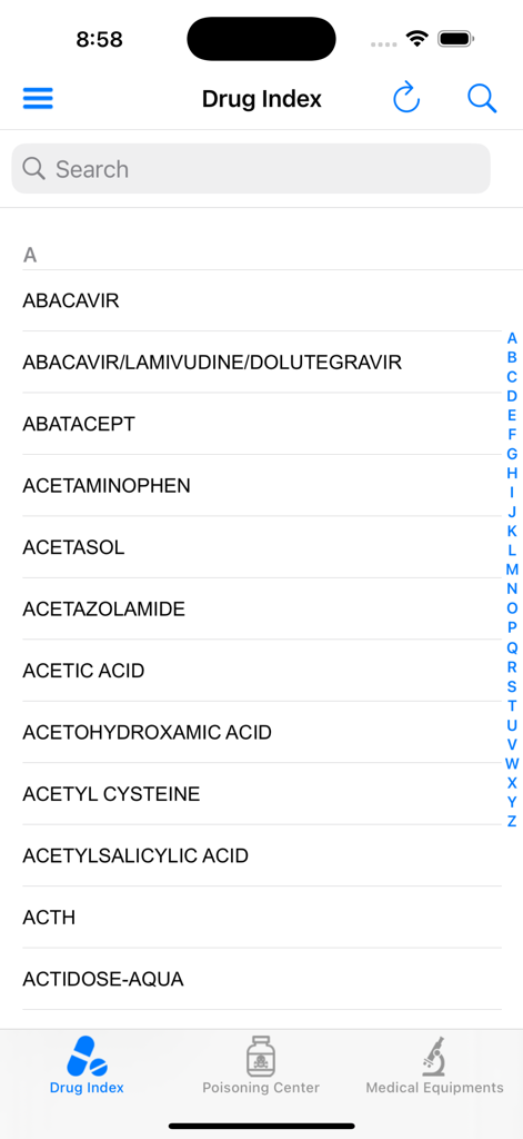 Pediatric OnCall - Lista alfabética do índice de medicamentos no aplicativo Pediatric OnCall.