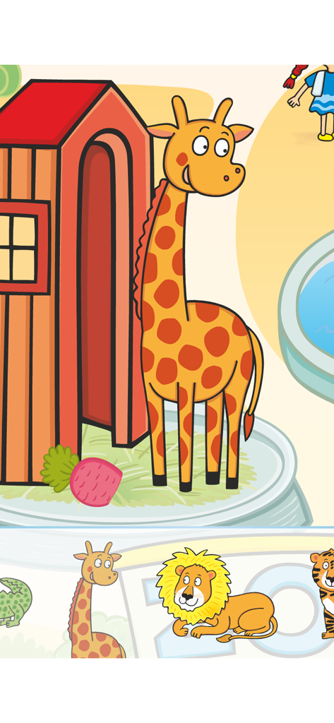Cartoon giraffe and animal selection icons in a preschool learning app