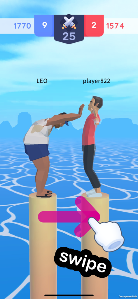 Push SUMO Battle -Online Game- - Push SUMO Battle gameplay showing two characters on pillars and a swipe gesture