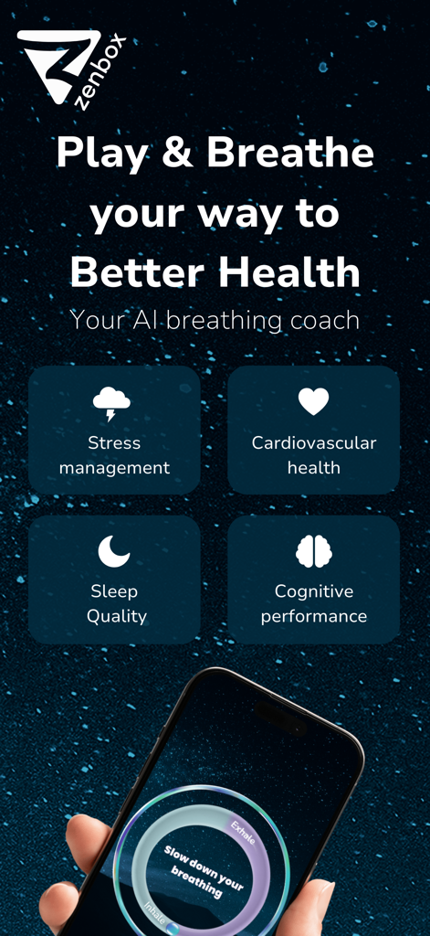 Zenbox: breathing - Zenbox app interface displaying the core benefits of the AI breathing coach for stress management, sleep, and heart health