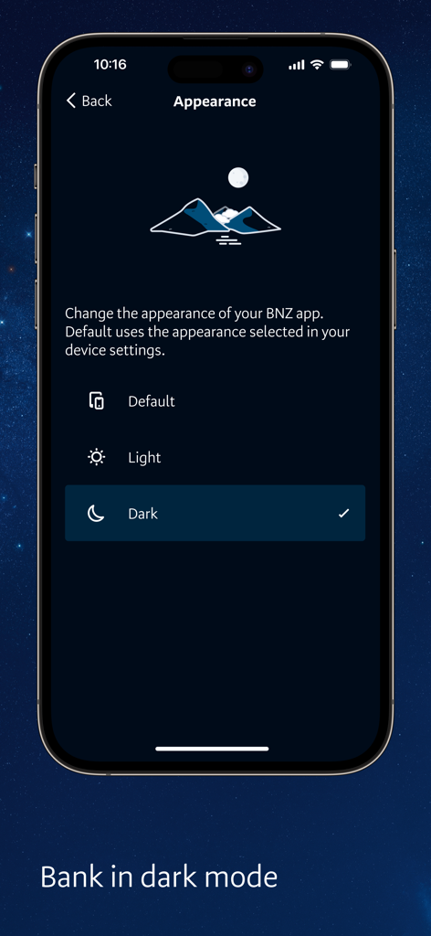 BNZ Mobile - BNZ Mobile app appearance settings screen showing dark mode option selected.