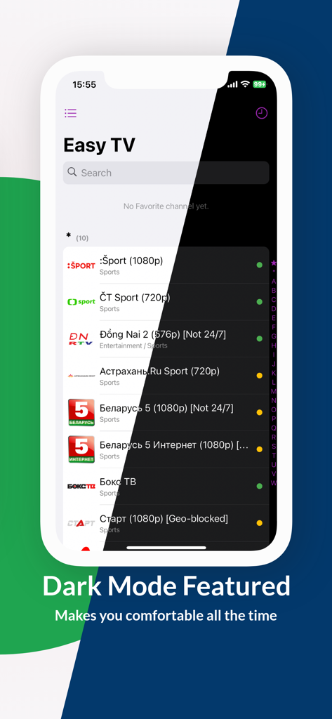 Easy TV - Watch IPTV - Easy TV app interface featuring dark mode for IPTV streaming