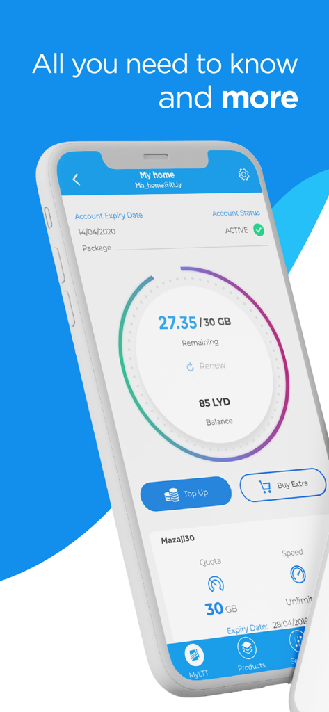 MyLTT - Panel de la aplicación móvil MyLTT que muestra el saldo de uso de datos y el estado de la cuenta