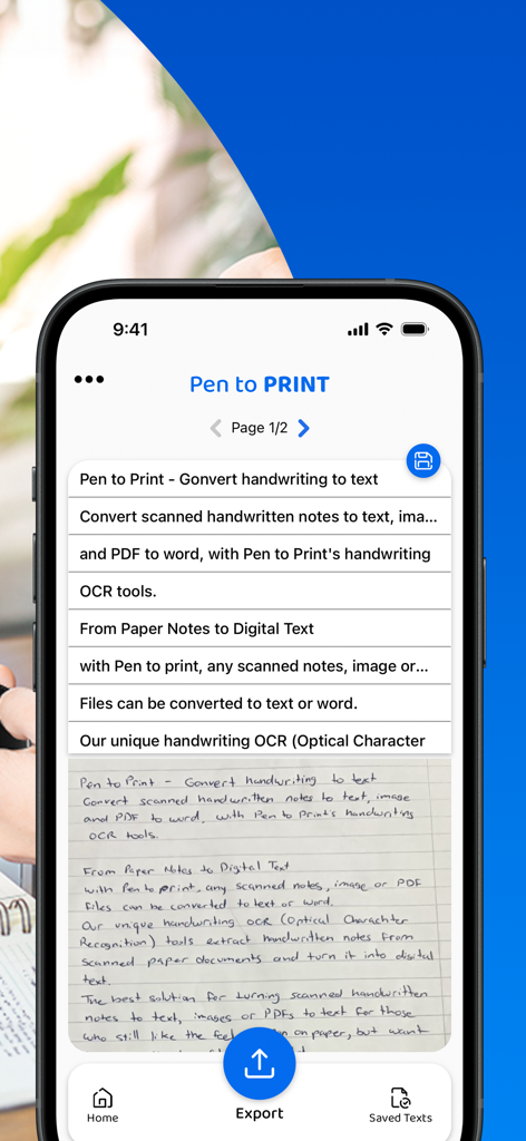 PenToPrint Handwriting to PDF - モバイル画面にデジタルテキスト行に変換された手書きノートを表示するPenToPrintアプリのインターフェース