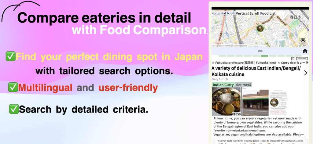 Japan Food Menu - Japan Food Menu app interface showing restaurant comparison and detailed search filters