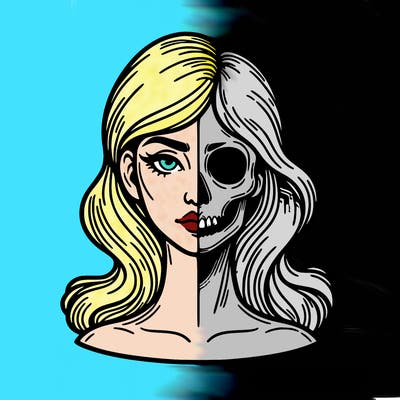 bust of a woman, half face and hair, half skull