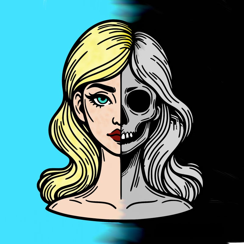 bust of a woman, half face and hair, half skull