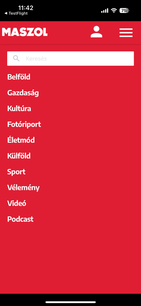 El menú de navegación de la aplicación de noticias Maszol que muestra varias categorías de contenido en húngaro como noticias nacionales, economía y cultura