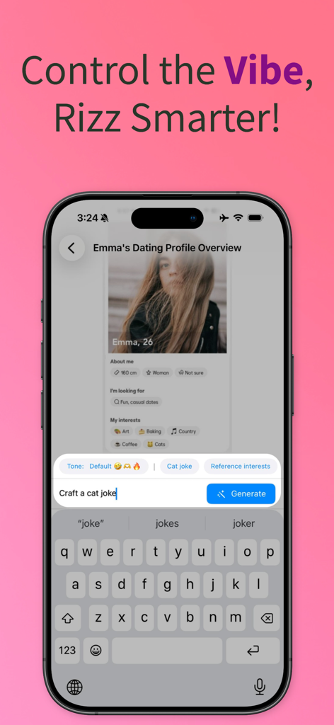 Rizzler AI: Texting Wingman - Smartphone screen showing Rizzler AI generating a custom joke for a dating profile match