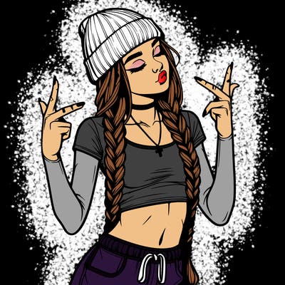 realistic teenage girl with braids and a beanie and crop top doing 🫶🏼