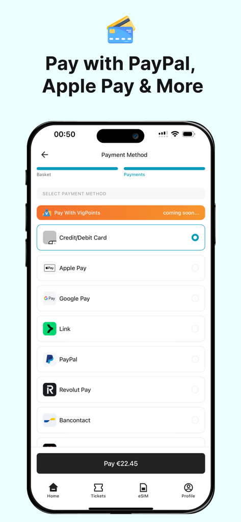Vignetim | Vignette & eSIM - Payment screen of Vignetim app showing secure checkout options with Apple Pay and PayPal for European road trip services