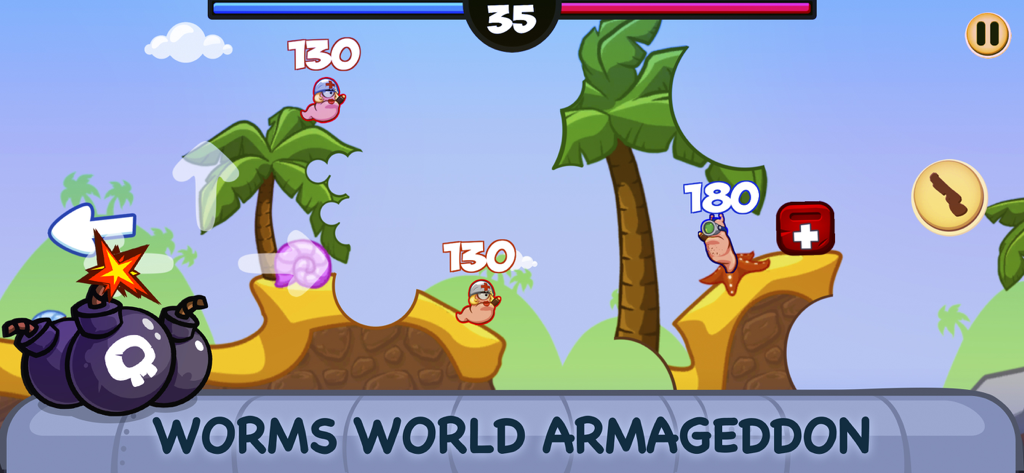 Cartoon worms in a tactical artillery battle on a tropical island landscape.