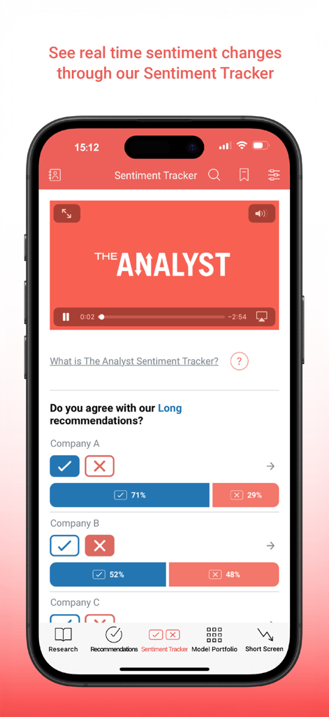The Analyst App - A mobile interface for The Analyst App showing the Sentiment Tracker screen with interactive voting buttons and real-time sentiment percentages for different companies.
