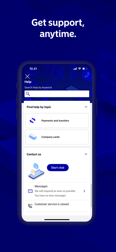 Help and support screen in the Nordea Business DK app featuring search help by keyword and a start chat button