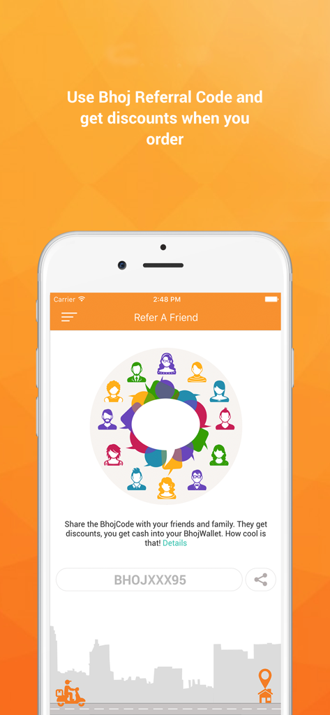 Bhojdeals (Now Bhoj) - The refer a friend screen of the Bhoj app showing a referral code and reward details