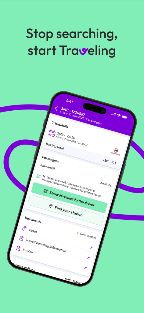 Traveling.com - Traveling.com app interface showing booking details for a bus trip from Split to Zadar and an M-ticket button.
