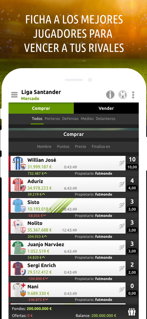 Pantalla del mercado de transferencias de fútbol fantasía de Futmondo mostrando una lista de jugadores de fútbol para comprar para un equipo de fantasía