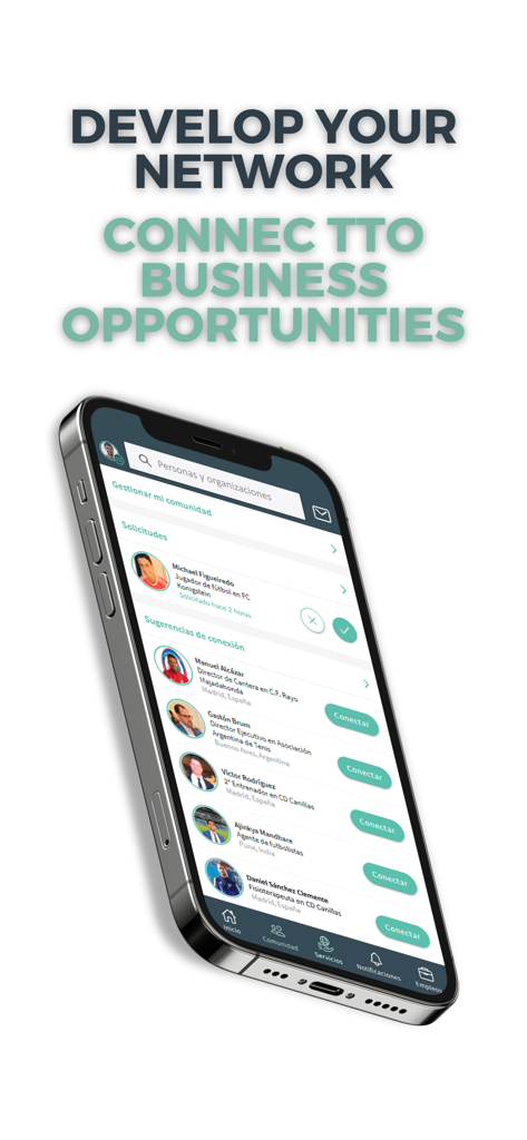 Impulsyn - A smartphone screen displaying the Impulsyn app community section with professional connection suggestions in the sports industry