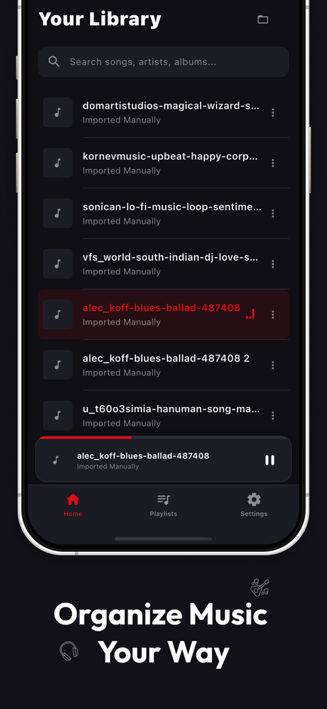 Music Player - Offline Audio - Interfaccia utente dell'app Music Player che mostra un elenco di file audio importati nella libreria con opzioni di ricerca e navigazione