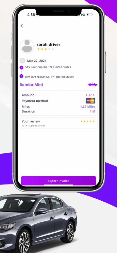 Bombo Taxi - Un recibo de viaje en la aplicación Bombo Taxi que muestra los detalles del viaje y una calificación de conductor de cinco estrellas.