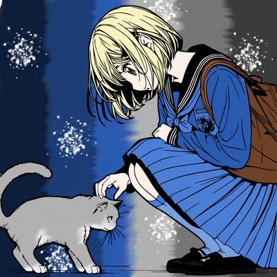 realistic anime girl bending down to pet a cat