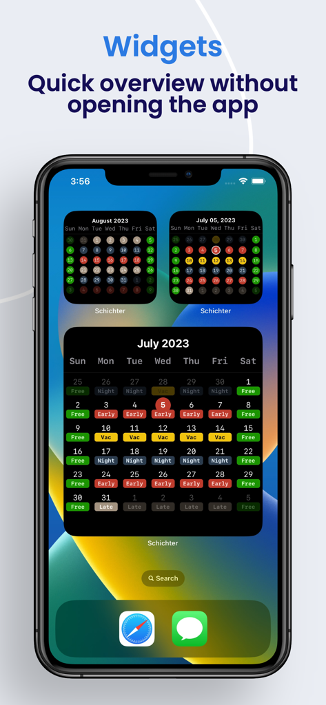 Schichter - Shift calendar - Widgets del calendario de turnos de Schichter en la pantalla de inicio de un iPhone.