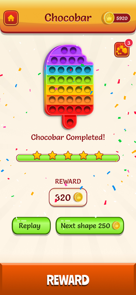 Popit - Just Do it! - Popit game reward screen featuring a rainbow popsicle shape and completion message