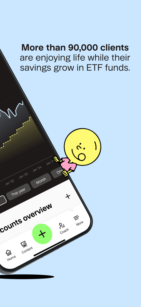 Finax: Invest Money in ETFs - Finaxアプリのディスプレイ。投資口座の概要とETF貯蓄成長メッセージが表示されています。