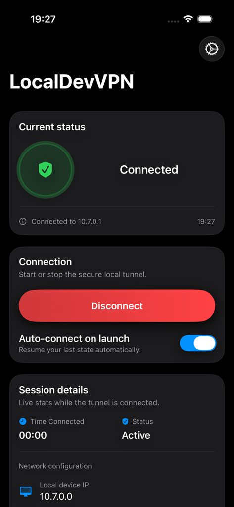 LocalDevVPN - Tableau de bord de l'application LocalDevVPN affichant une connexion de tunnel réseau active avec les détails de la session et la configuration IP locale