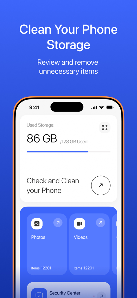 Interface do aplicativo SafeClean mostrando o status de armazenamento do telefone com 86 gigabytes usados e opções para limpar fotos e vídeos.