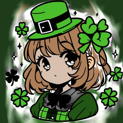 a manga-style girl with clovers around her, a little hat in her hair, like it's saint patrick's day