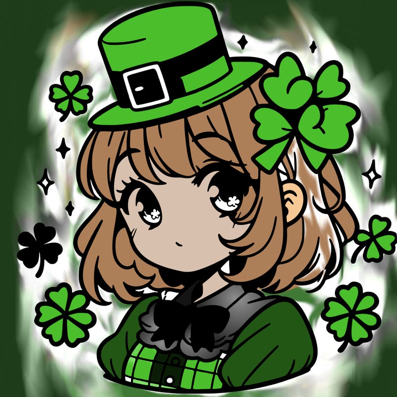 a manga-style girl with clovers around her, a little hat in her hair, like it's saint patrick's day