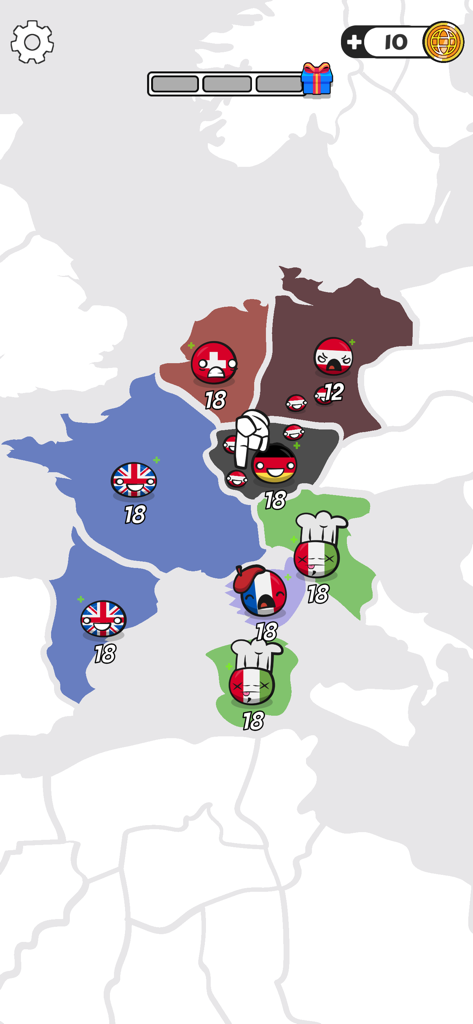 Una captura de pantalla del juego Country Balls World War mostrando diferentes personajes de Countryball en un mapa de Europa durante una batalla estratégica