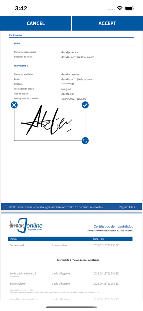 e-signature app SIGNply - トレース可能性証明書でデジタル文書に手書き署名が適用されていることを示すSIGNplyアプリのモバイルインターフェイス