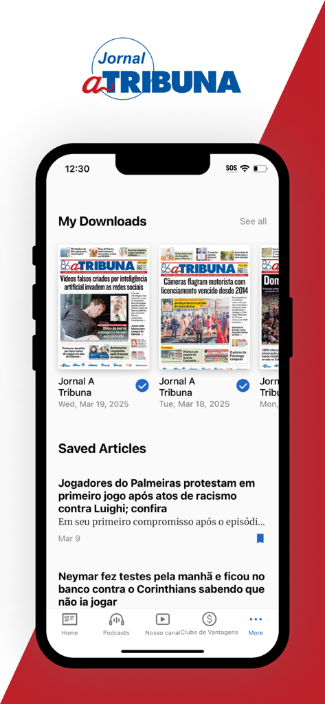 Pantalla de smartphone de la aplicación A Tribuna Digital que muestra ediciones de periódicos descargadas y una lista de artículos guardados.