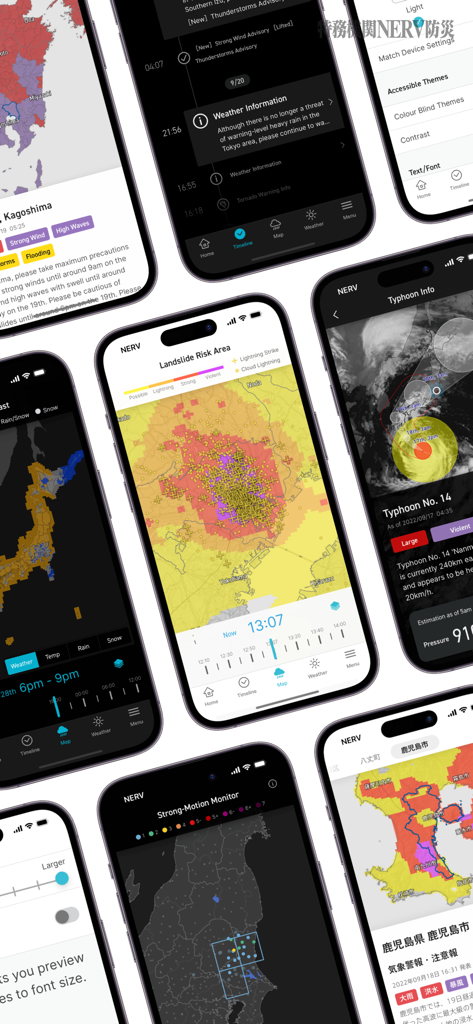 Multiple iPhones displaying various screens of the NERV Disaster Prevention app including landslide risk maps typhoon tracks and earthquake monitors