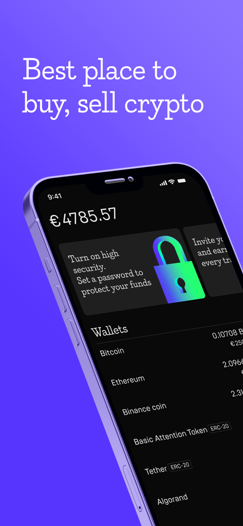 Mercuryo mobile app interface showing cryptocurrency wallet balances and security settings
