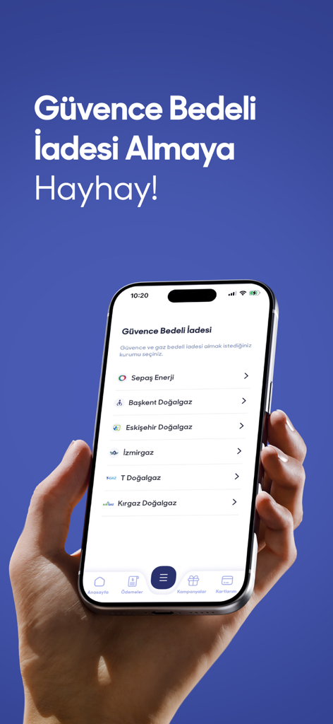 Hayhay Cüzdan & Fatura Ödeme - Smartphone screen showing the Hayhay app interface for security deposit refunds from Turkish utility providers like Baskent Dogalgaz and Izmirgaz.