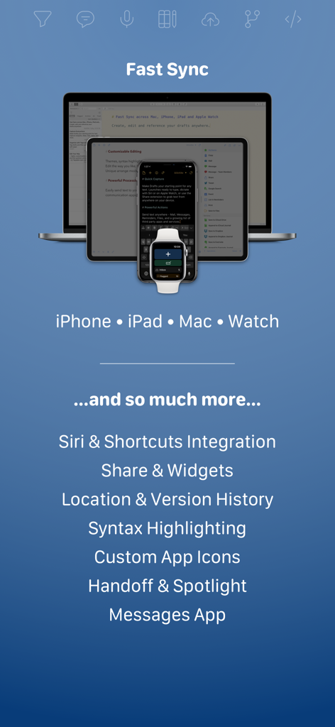 Drafts app interface synced across iPhone iPad Mac and Apple Watch showcasing fast synchronization and key productivity features