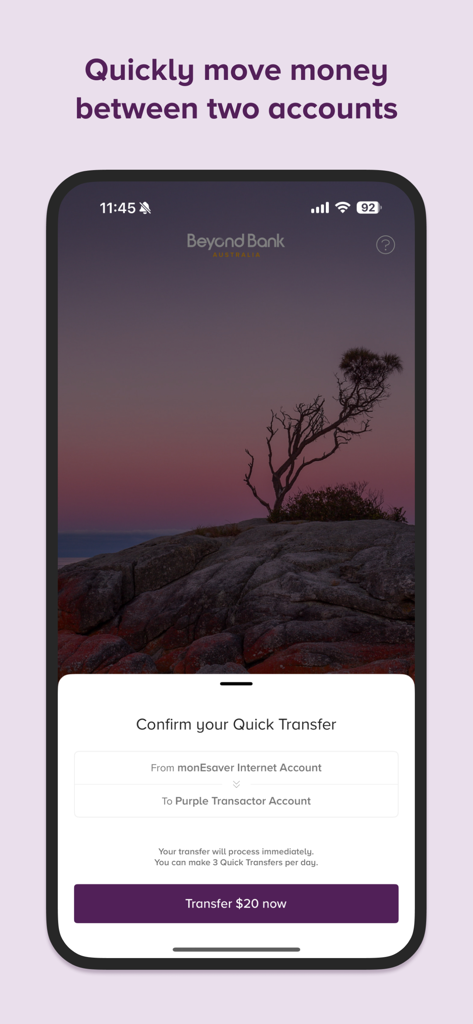 Beyond Bank - Beyond Bank mobile app screen showing a quick transfer confirmation between two accounts with a nature background image