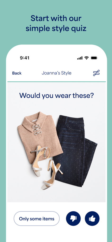 Stitch Fix - Personal Styling - Stitch Fix app style quiz screen asking a user for feedback on a curated outfit featuring a polo shirt jeans and heels