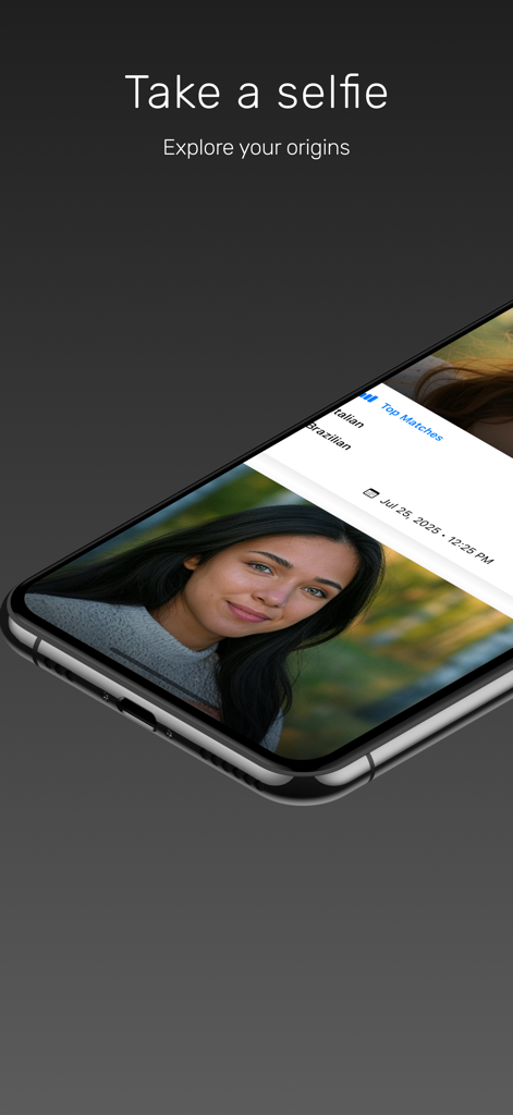 Un écran de smartphone montrant le résultat d'un test d'ethnicité IA avec un selfie de femme et les origines correspondantes.