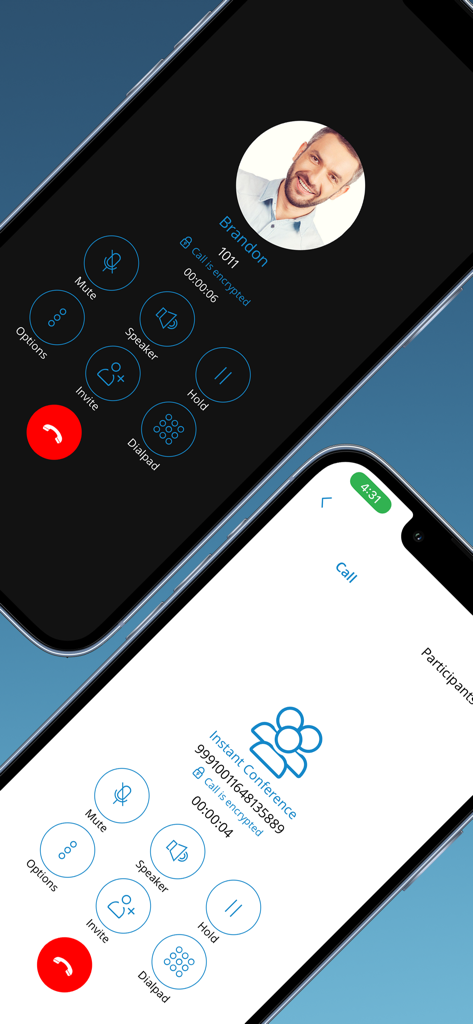 Zwei Telefonbildschirme, die die verschlüsselten Anruf- und Konferenzanruf-Oberflächen der Communicator GO 7 App zeigen.