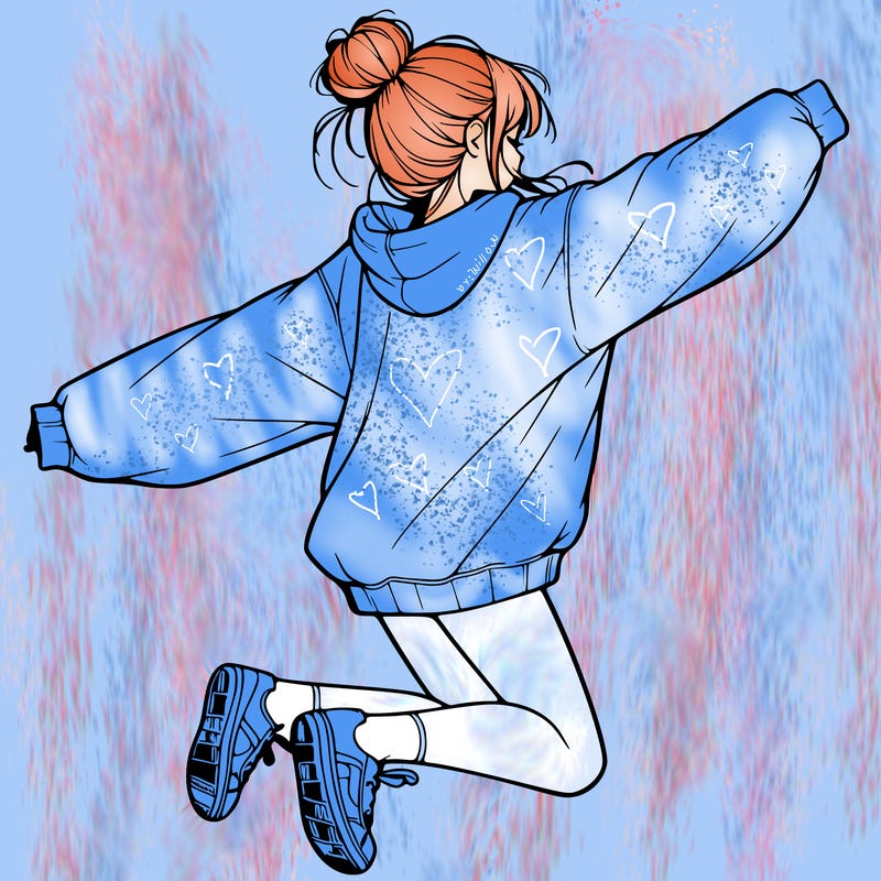 realistic girl jumping with a bun and oversized sweatshirt