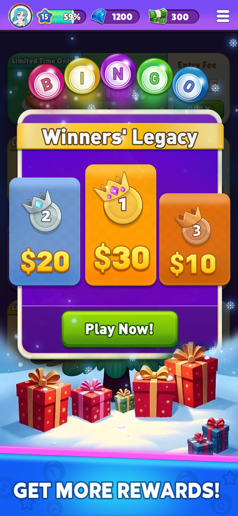 Bingo Legend - Écran de l'héritage des gagnants de Bingo Legend montrant les prix en argent pour les trois premières places