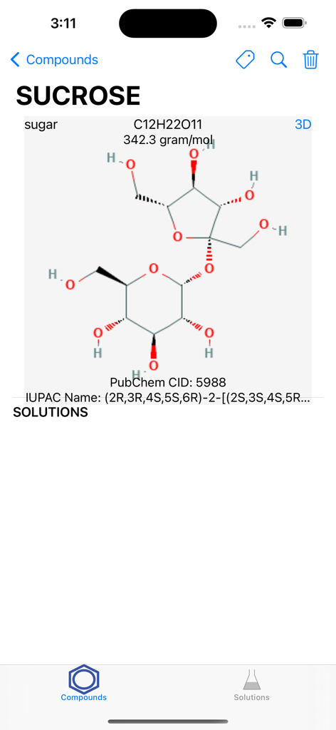 Search PubChem - A screenshot showing the chemical details and molecular structure of Sucrose in the Search PubChem mobile app
