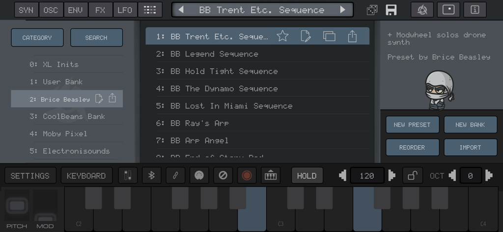 VIRAL Synth T2x | Synthesizer - Preset browser interface of the VIRAL Synth T2x app showing sound bank categories and preset names.