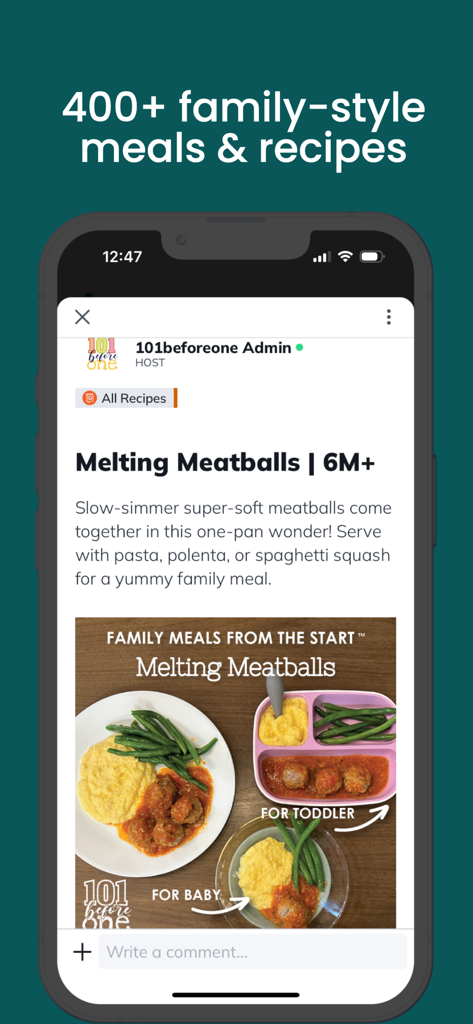 101 before one - A recipe for Melting Meatballs in the app with serving suggestions for family toddler and baby