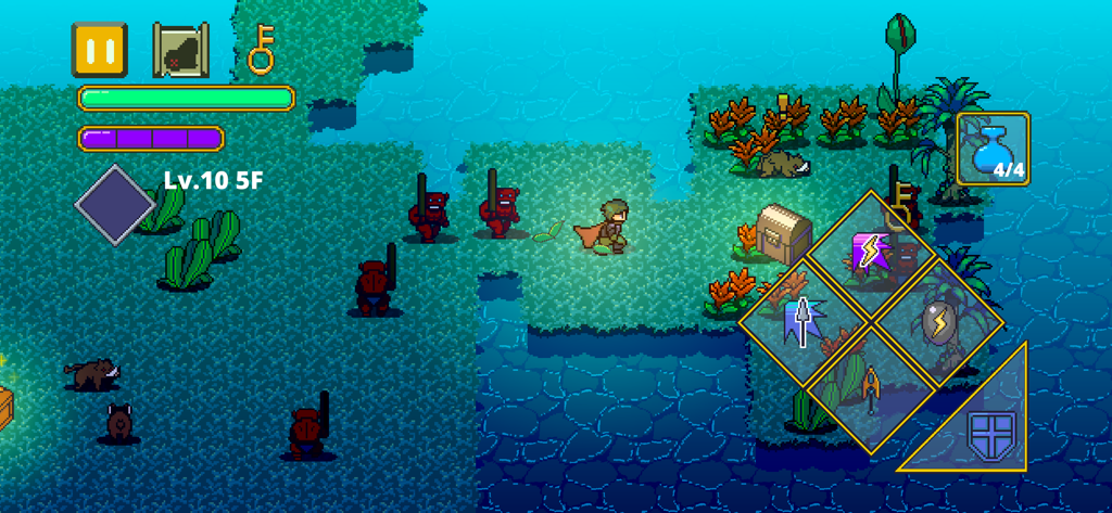 Labyrinth Legend - A pixel art gameplay screenshot of Labyrinth Legend showing a character exploring a dungeon with enemies and a treasure chest