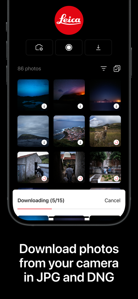 Leica FOTOS mobile app interface displaying a photo gallery and download progress for JPG and DNG files